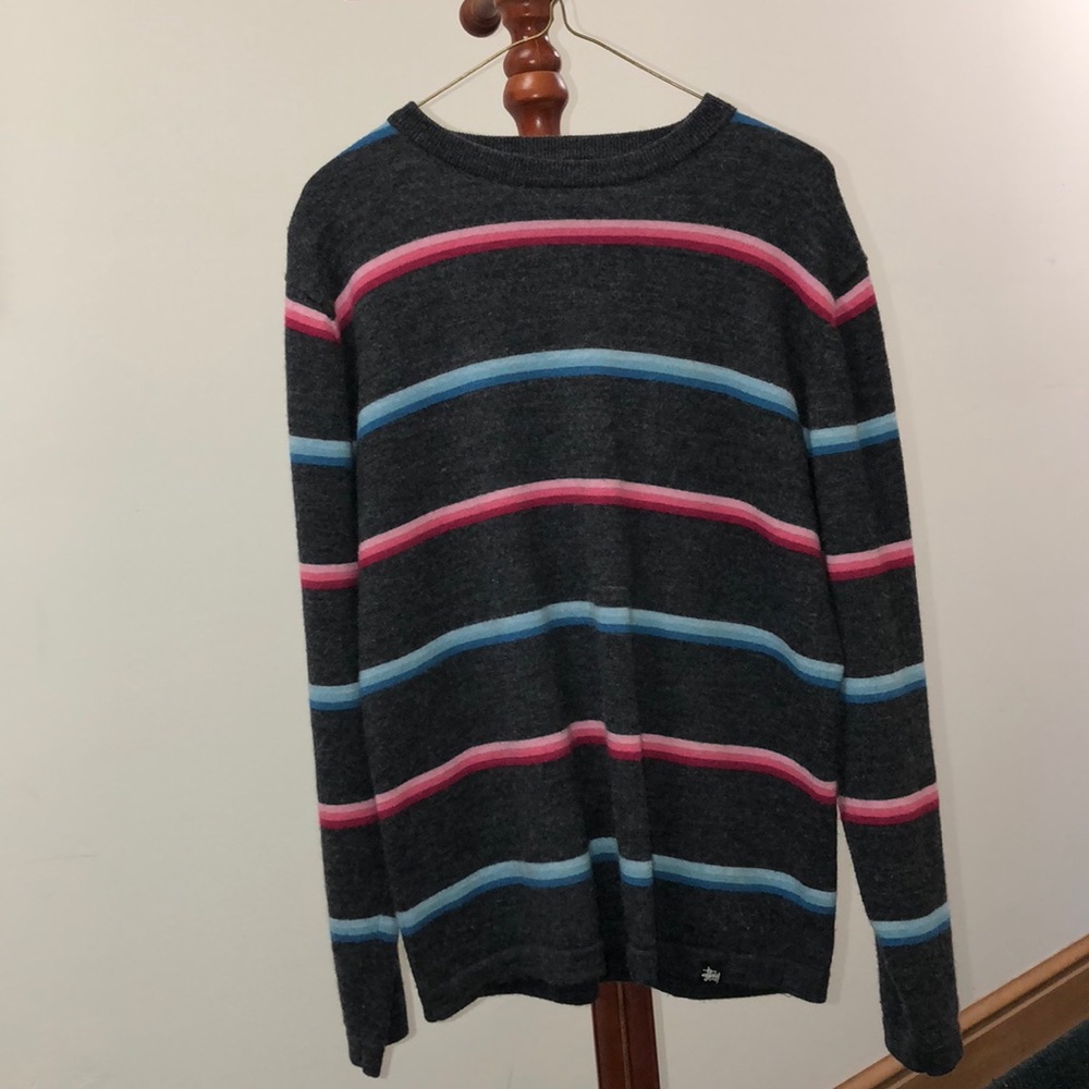 Gray Sweater with Blue and Pink Horizontal stripes